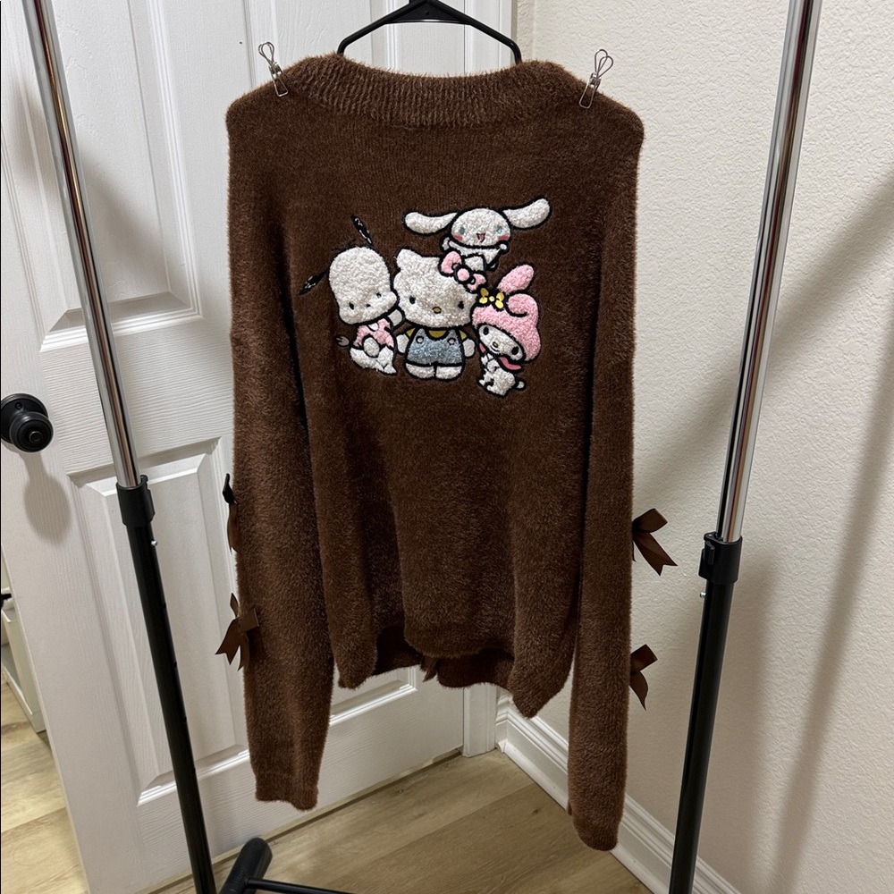 HELLO KITTY fuzzy cute brown cardigan with bows